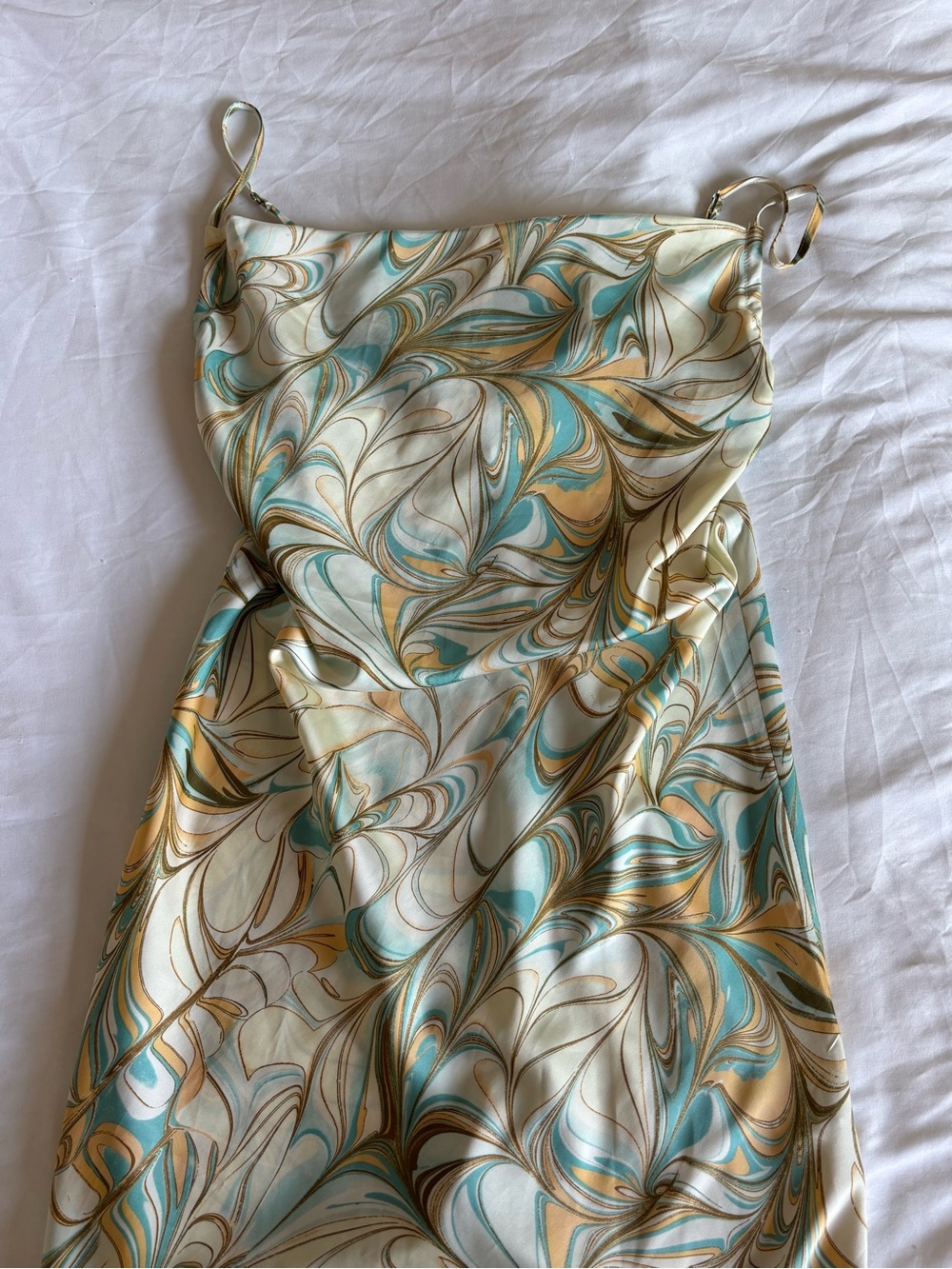 Marble-Print Strapless Dress in Cream, Teal, and Gold